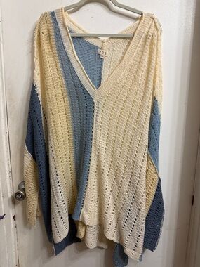 POL Cream & Light Blue Striped Open-Knit V-Neck Sweater